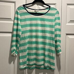 Joie Teal/White lightweight linen striped sweater, Size Large